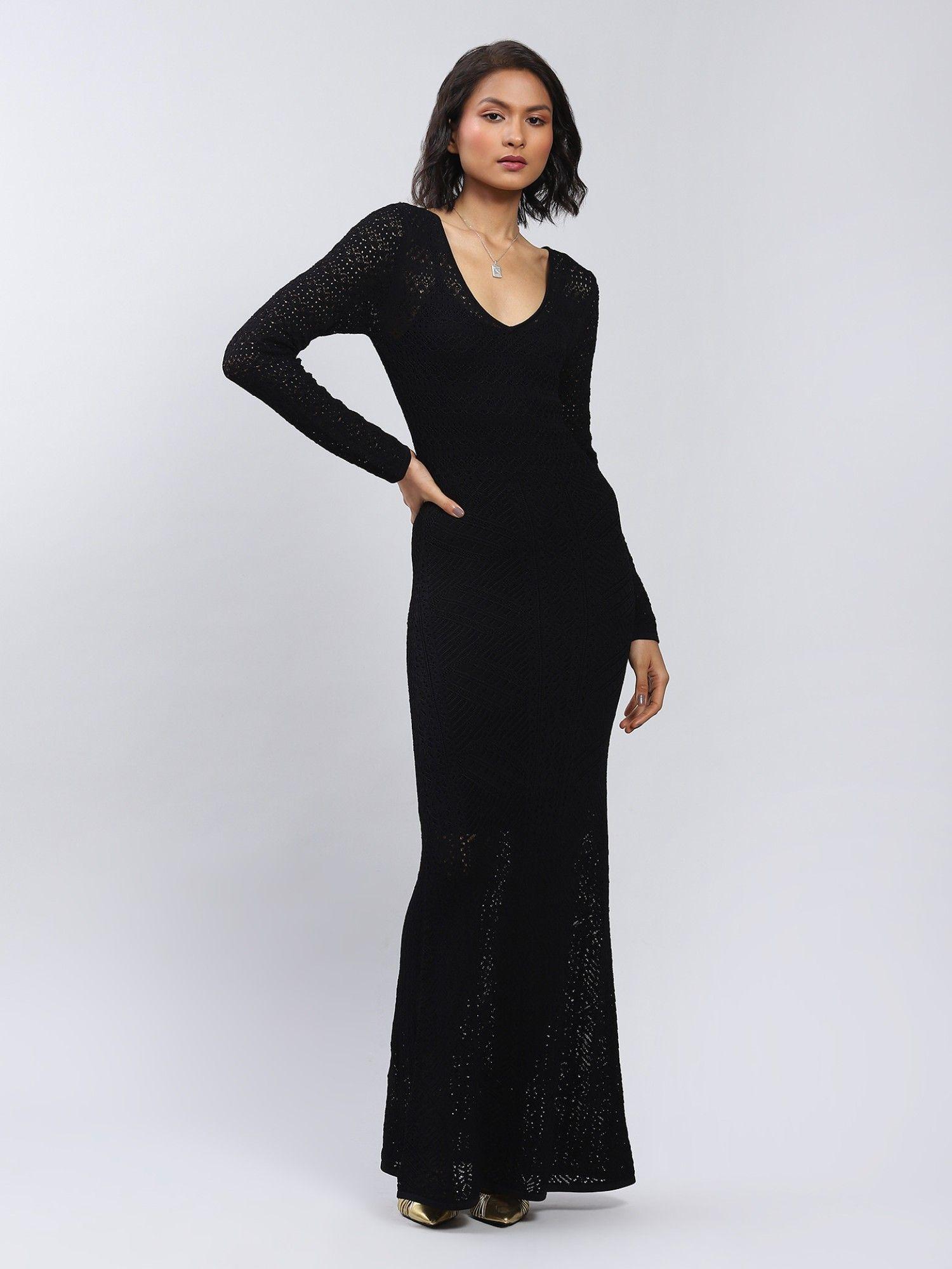 black pointelle knit dress with inner (set of 2)