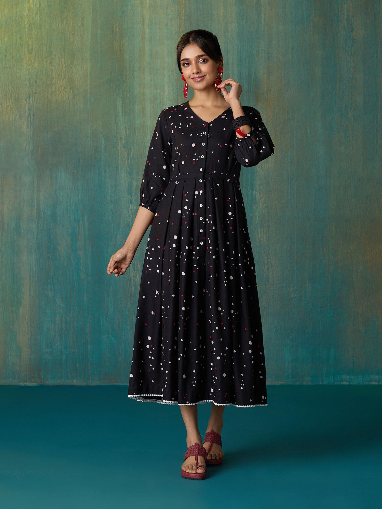 black polka dot printed cotton flex dress likdrs70
