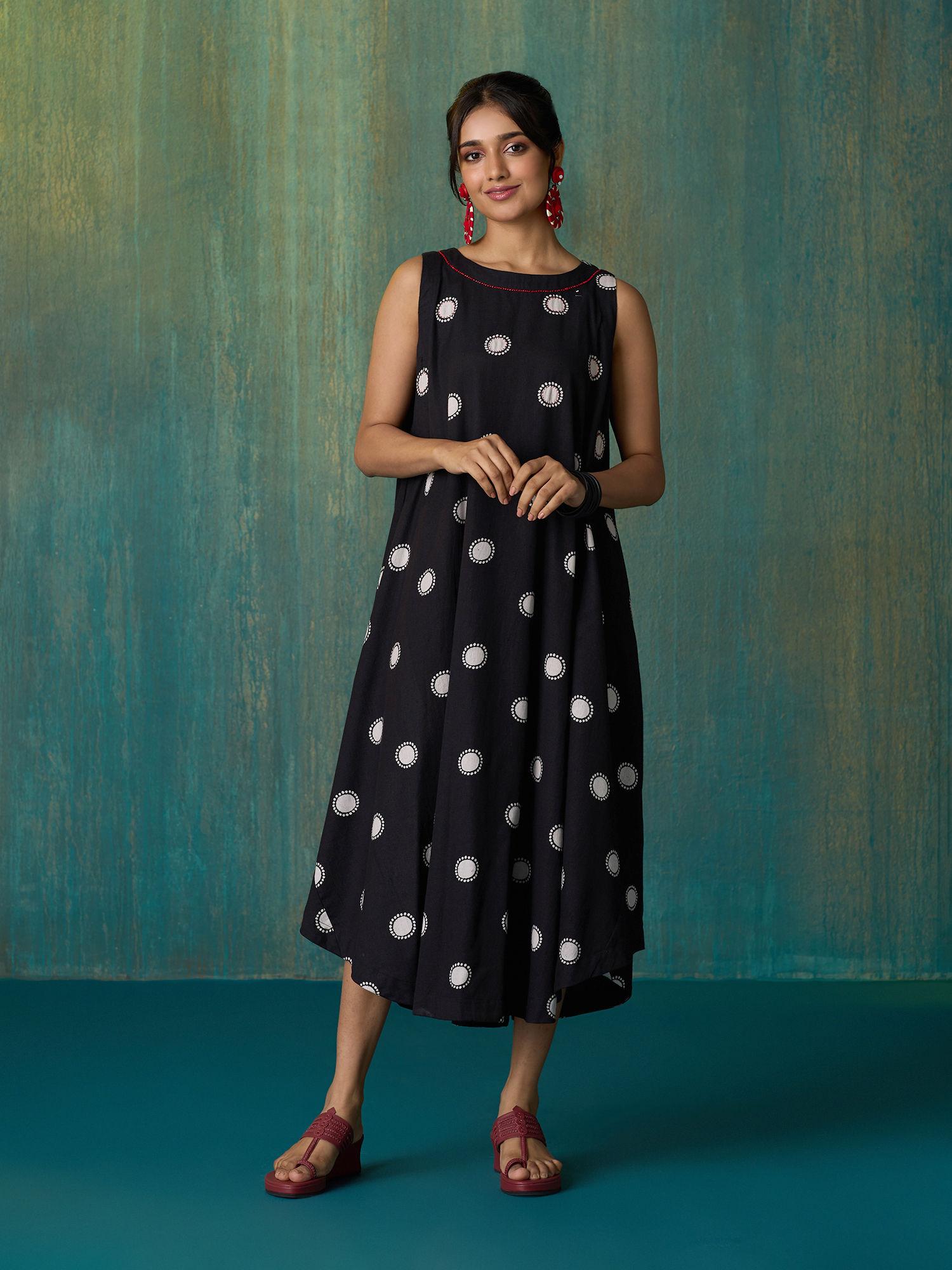 black polka dot printed cotton flex flared dress likdrs71