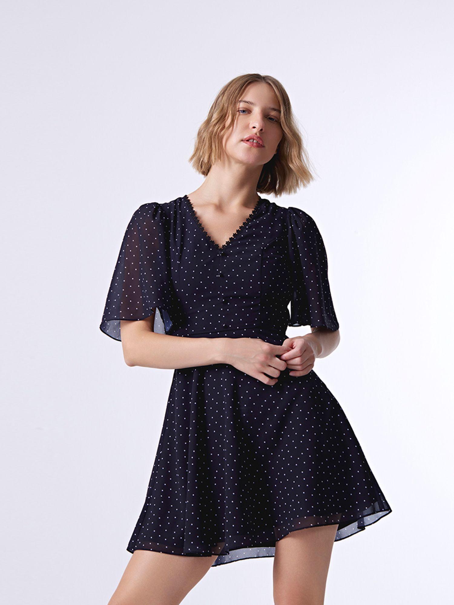 black polka dots half sleeves v-neck mini dress