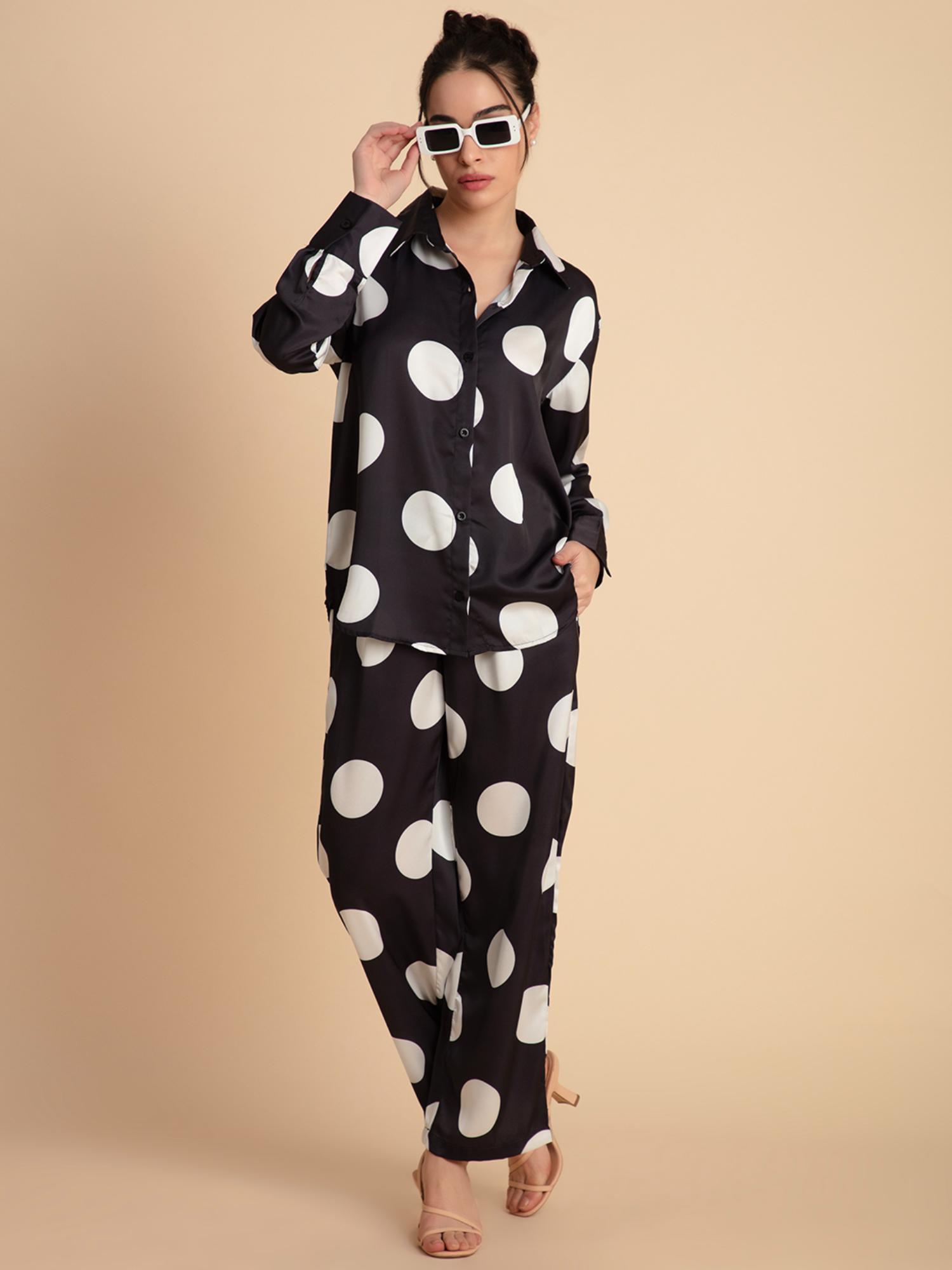 black polka dots printed satin co-ord (set of 2)