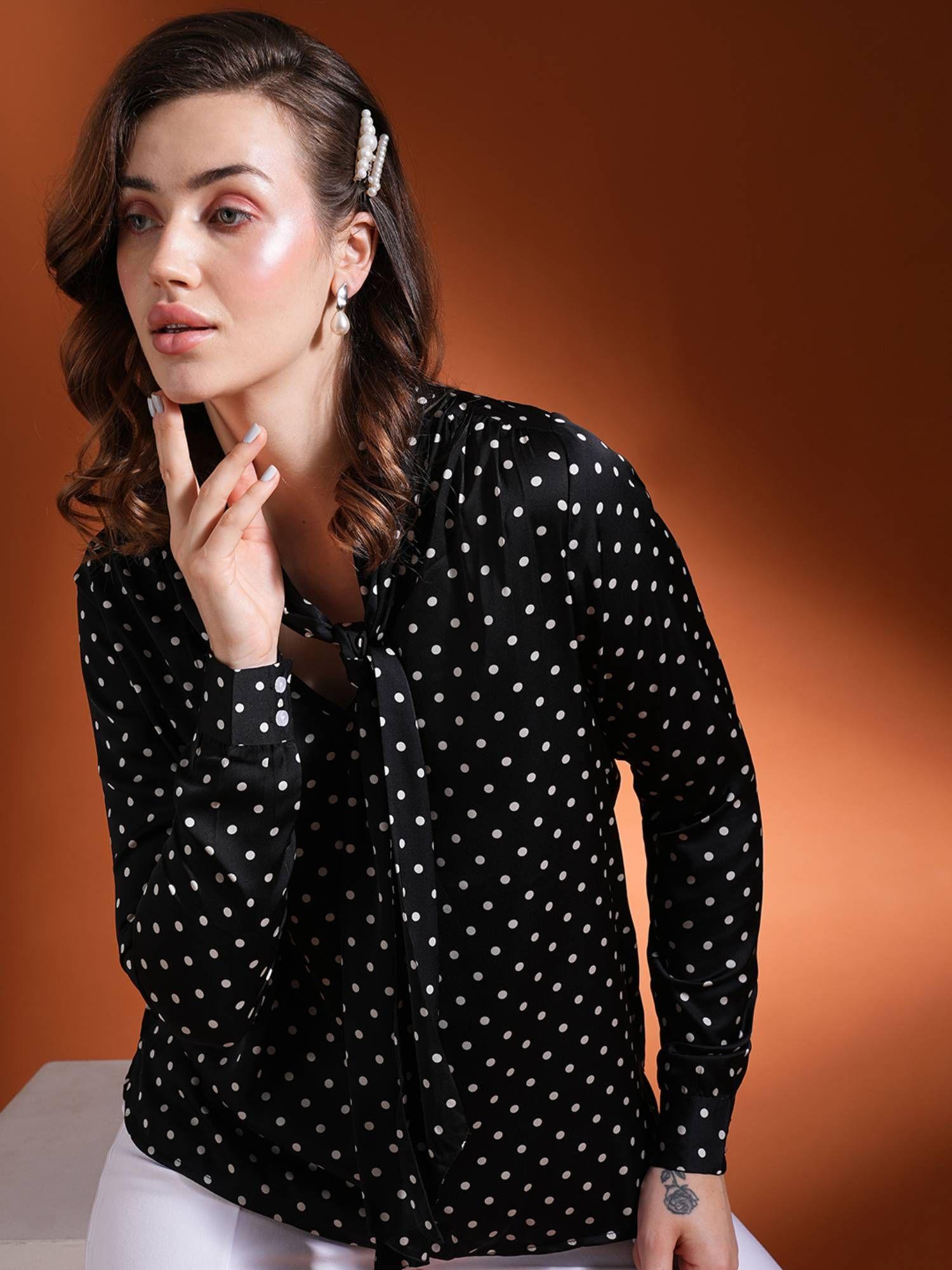 black polka dots tie-up neck cuffed sleeves stain top