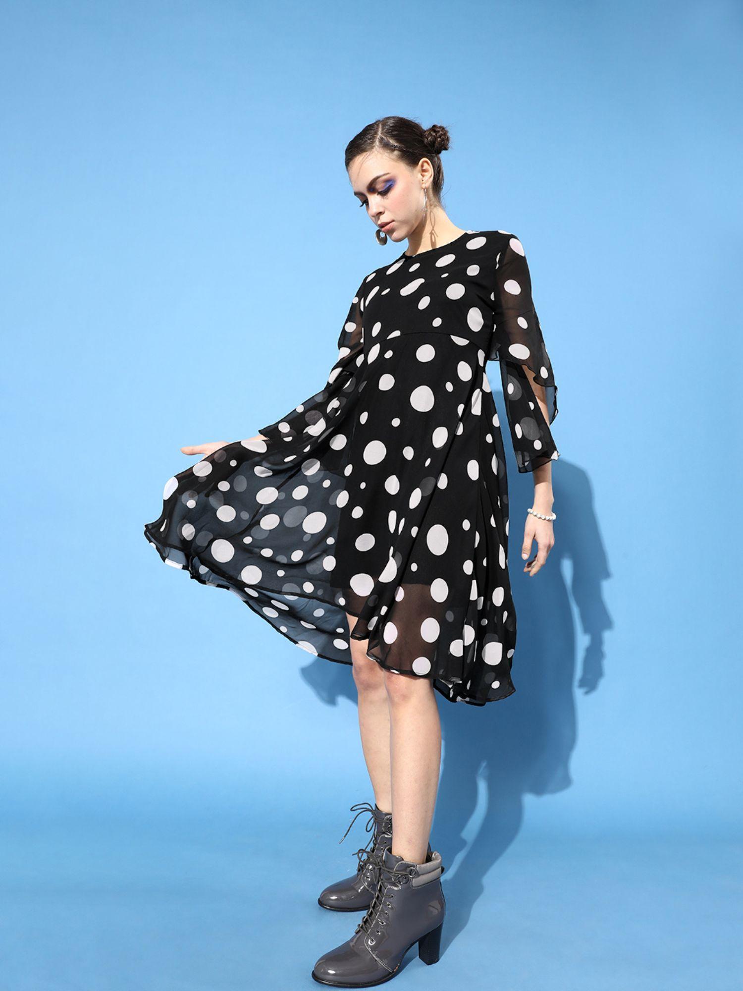 black polka-dotted volume play dress
