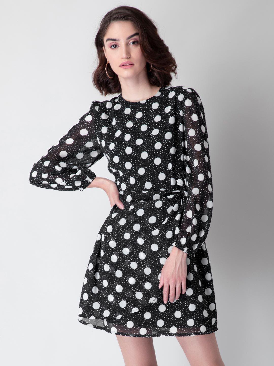 black polka full sleeve wrap dress