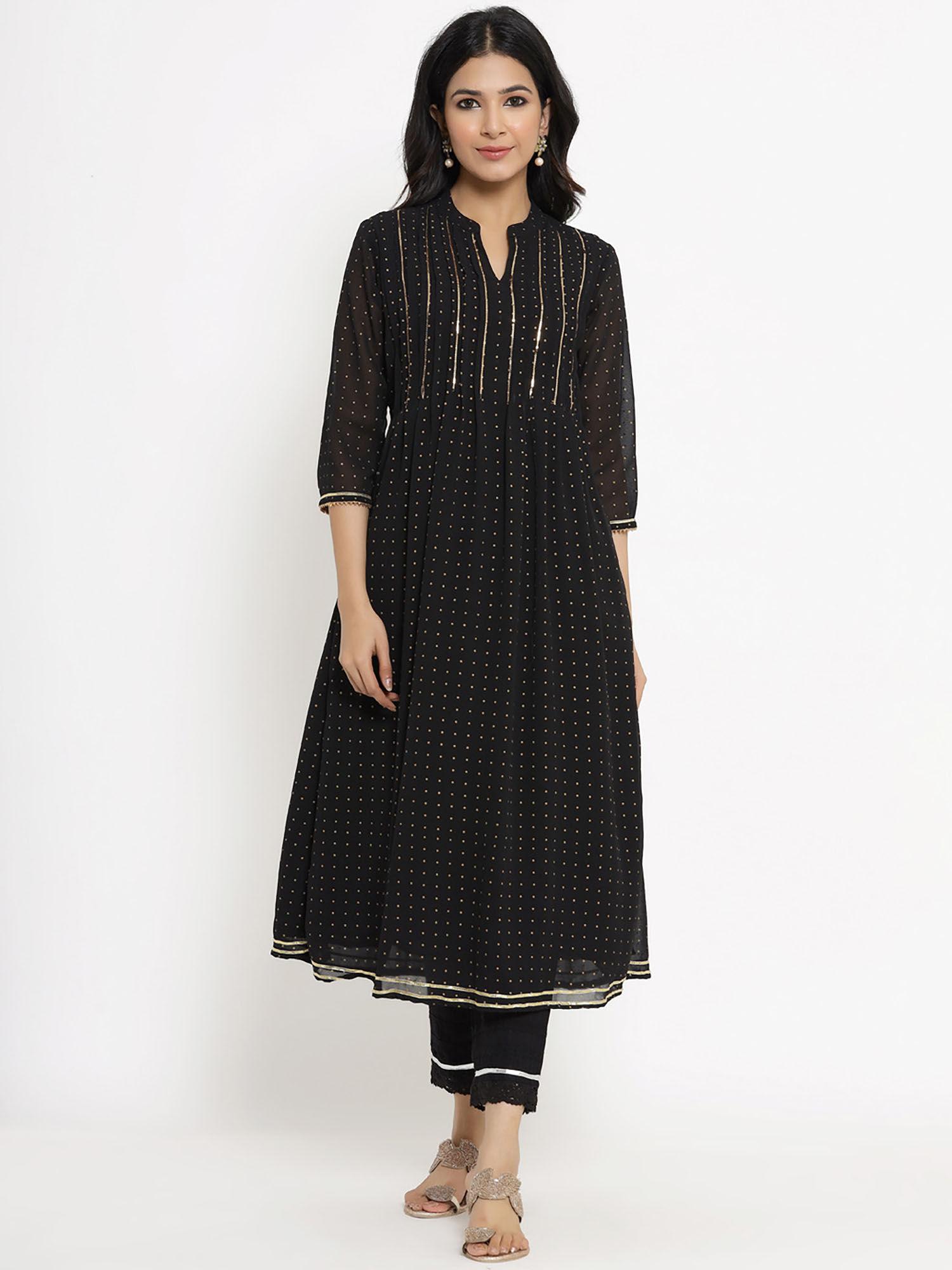 black polka printed georgette a-line kurta.