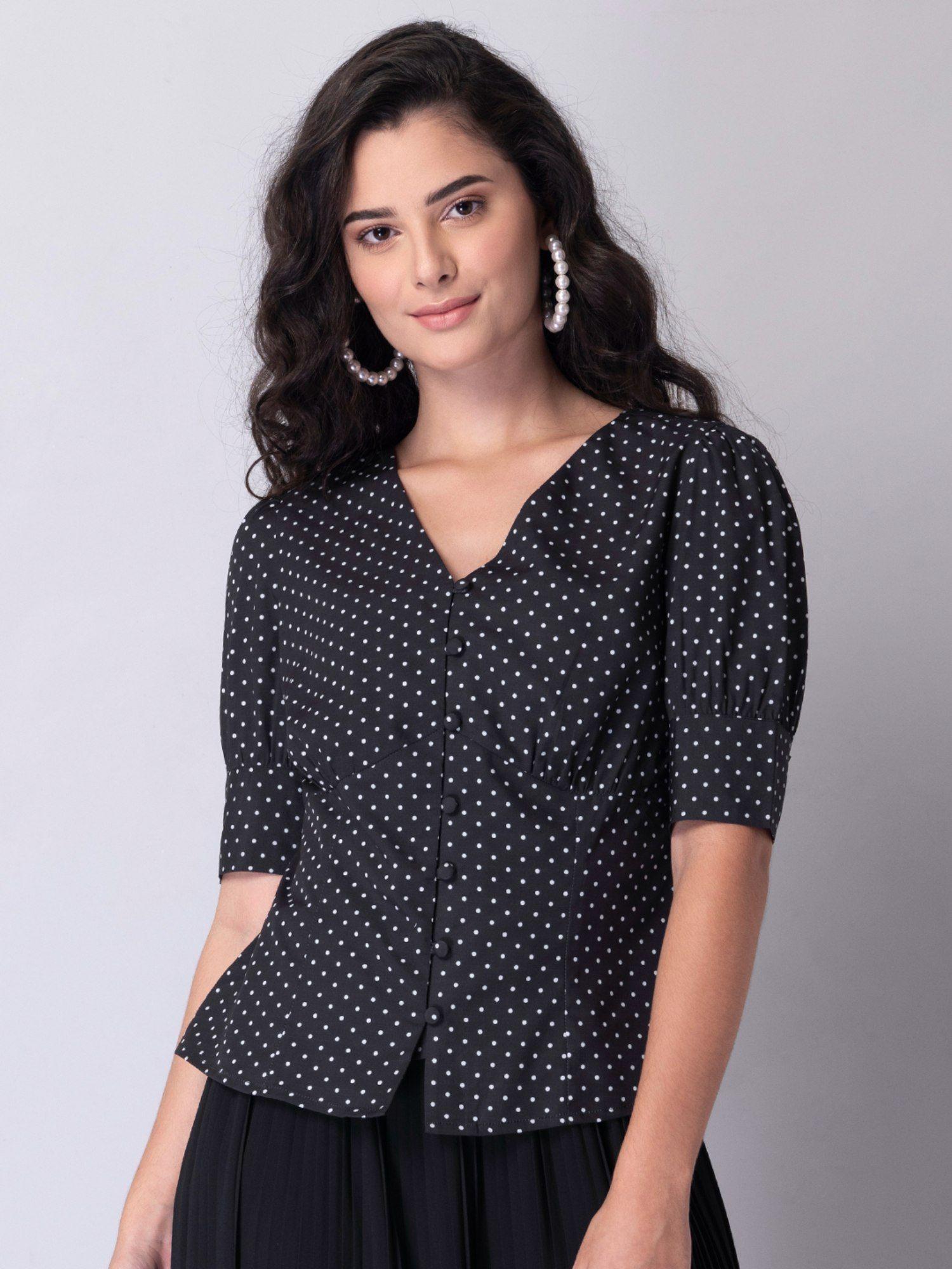 black polka puff sleeve button down blouse