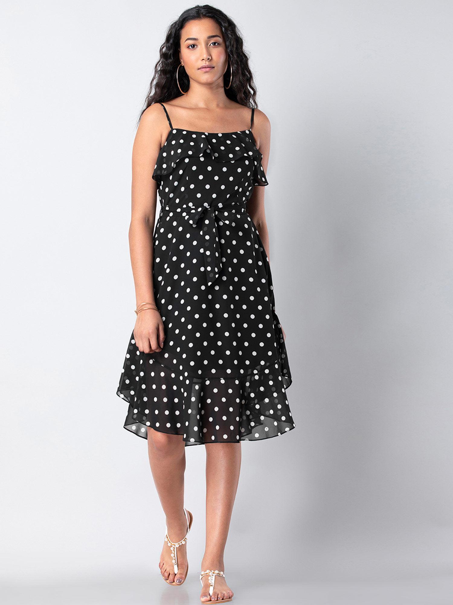 black polka ruffled strappy knee length dress