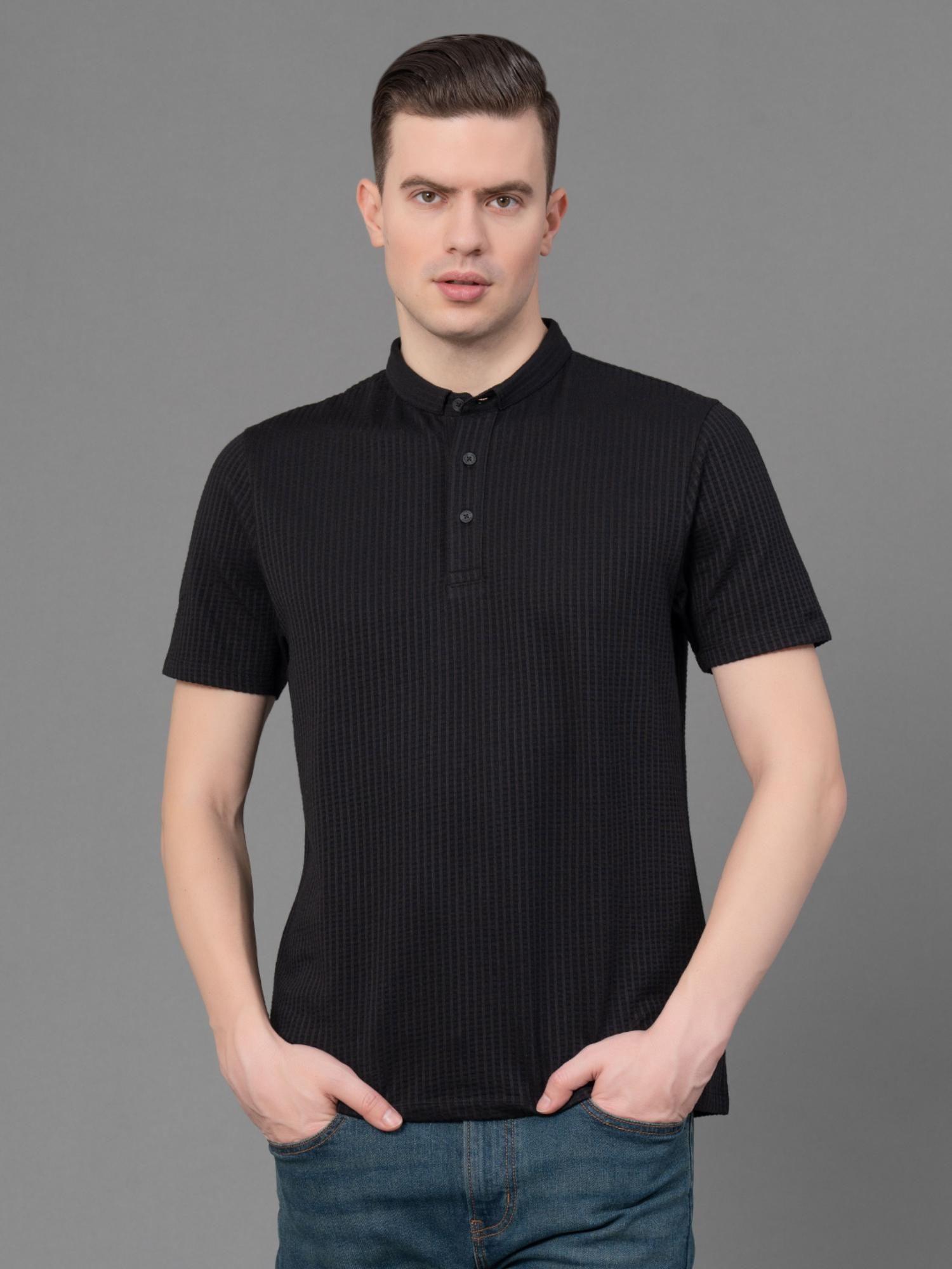 black poly cotton elastane self design mens t-shirt
