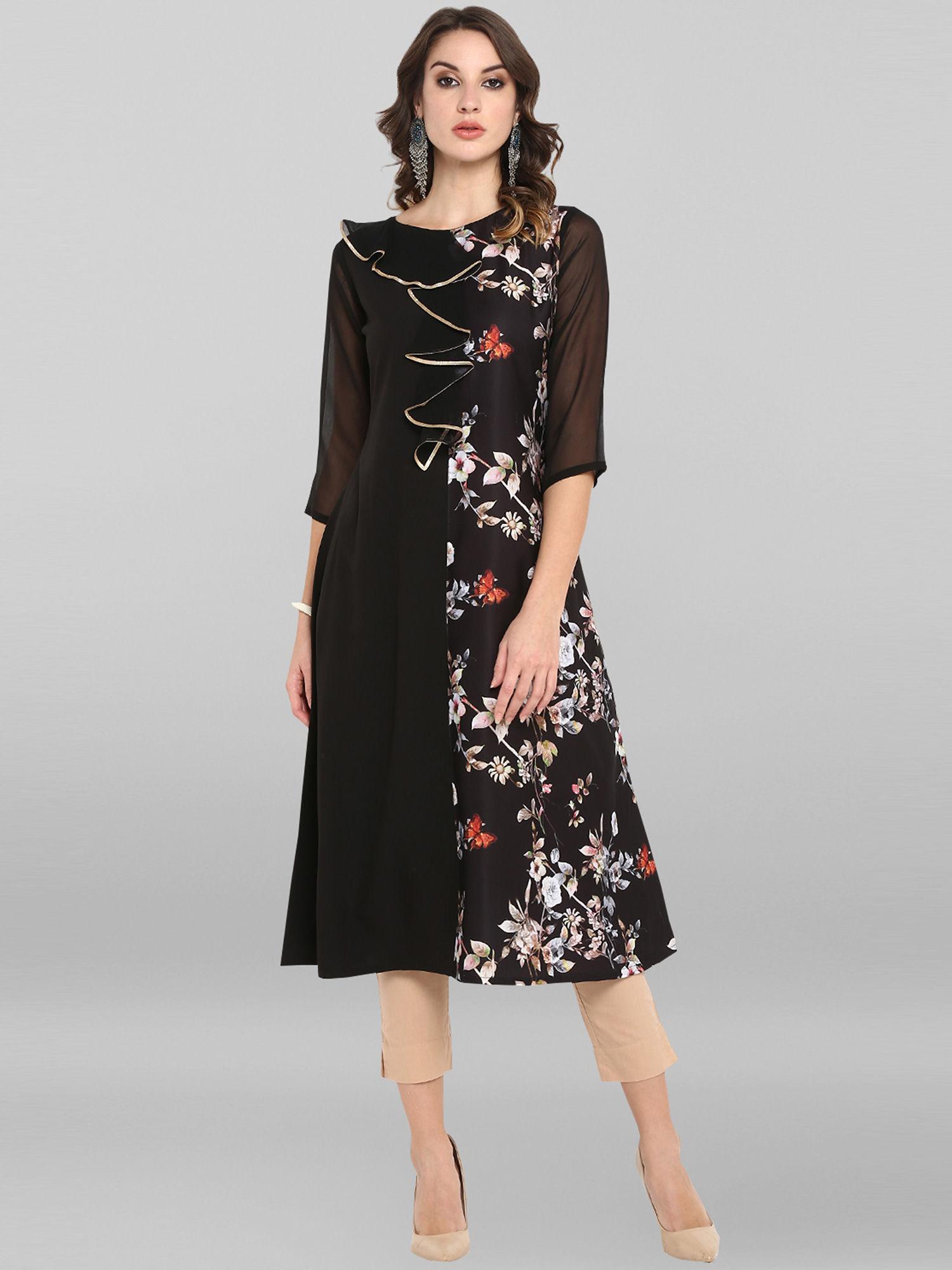 black poly crepe floral print a-line kurta