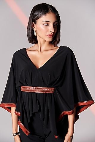 black poly jersey & chiffon satin cape top