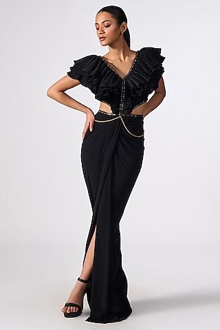 black poly jersey embellished flounced gown