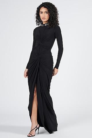 black poly jersey twisted draped saree gown