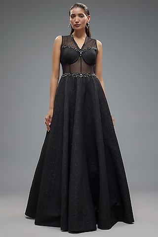 black poly lurex & net patchwork corset gown