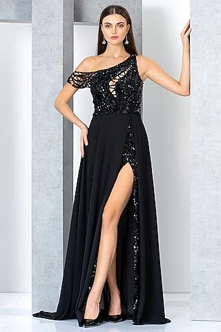 black poly net & chiffon hand embroidered one-shoulder gown