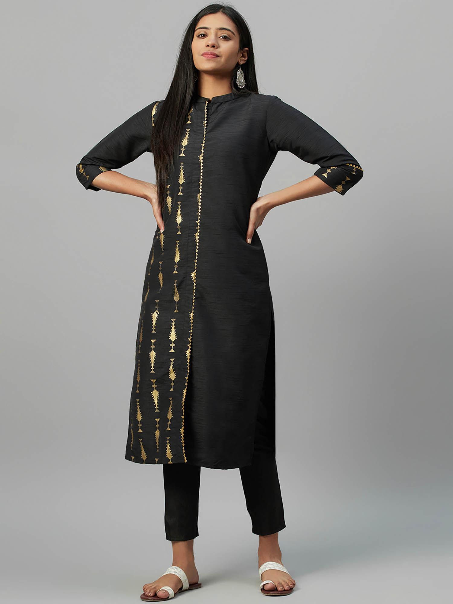 black poly silk foil printed straight kurta