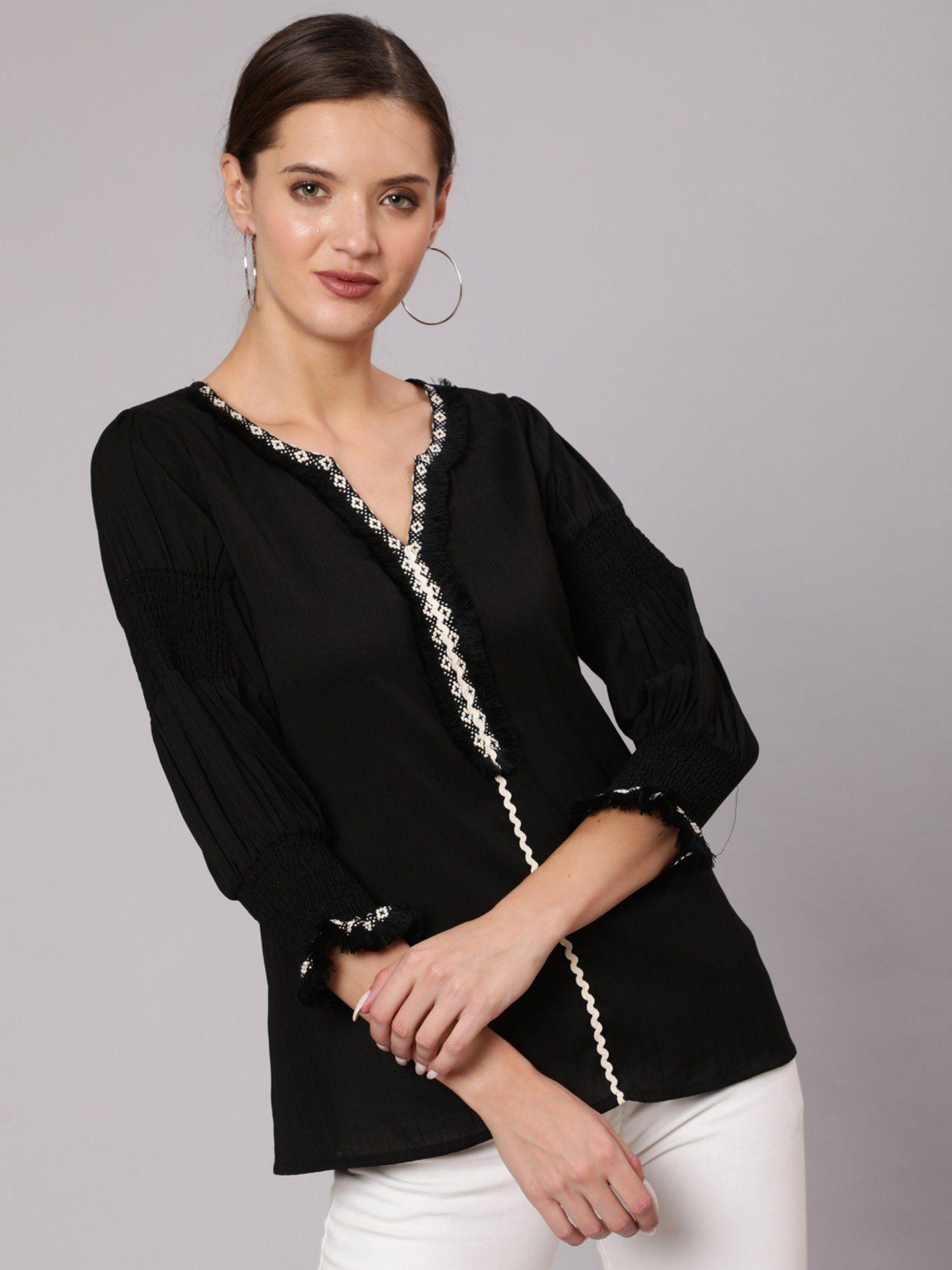 black poly silk lace embellished top with smocked sleeves