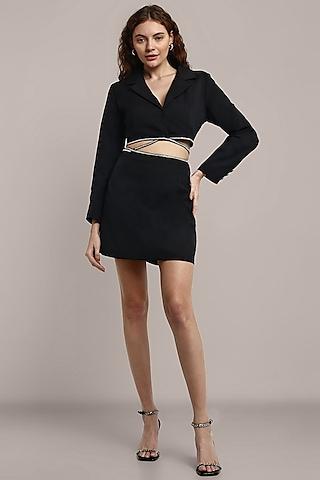 black polyester & cotton embellished mini bodycon blazer dress