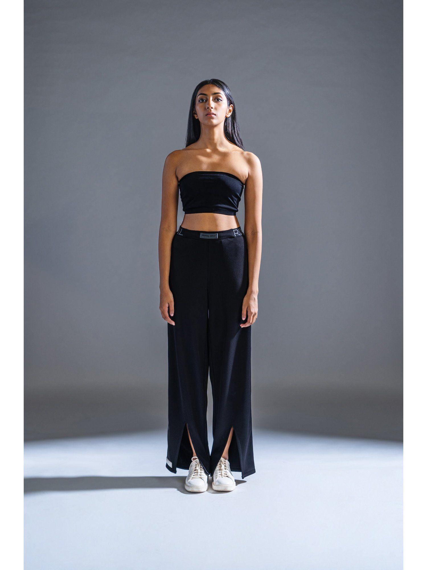 black polyester casual wide leg pants