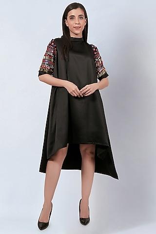 black polyester satin hand embroidered asymmetrical dress