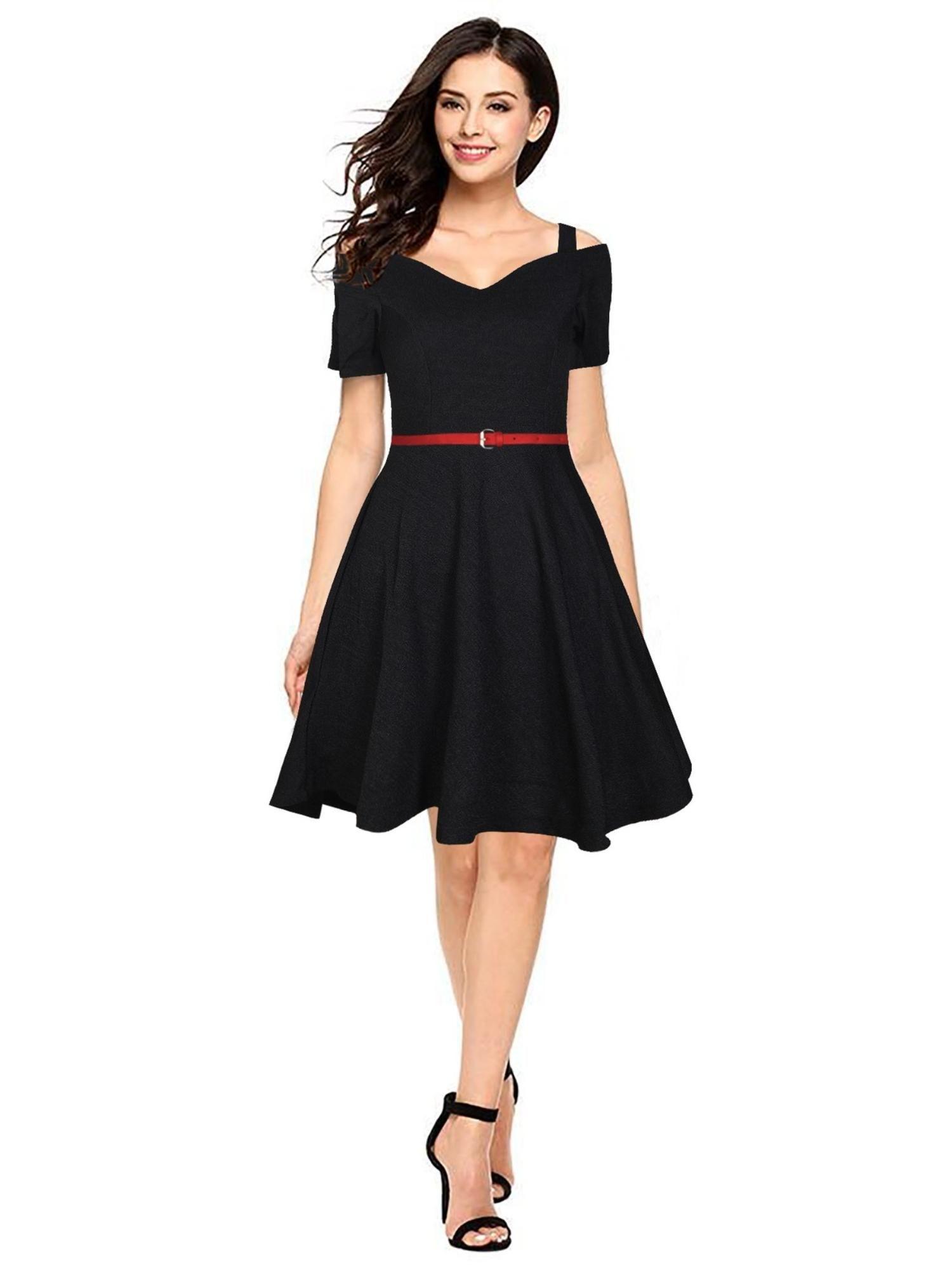 black polyester skater dress for women (set of 2)