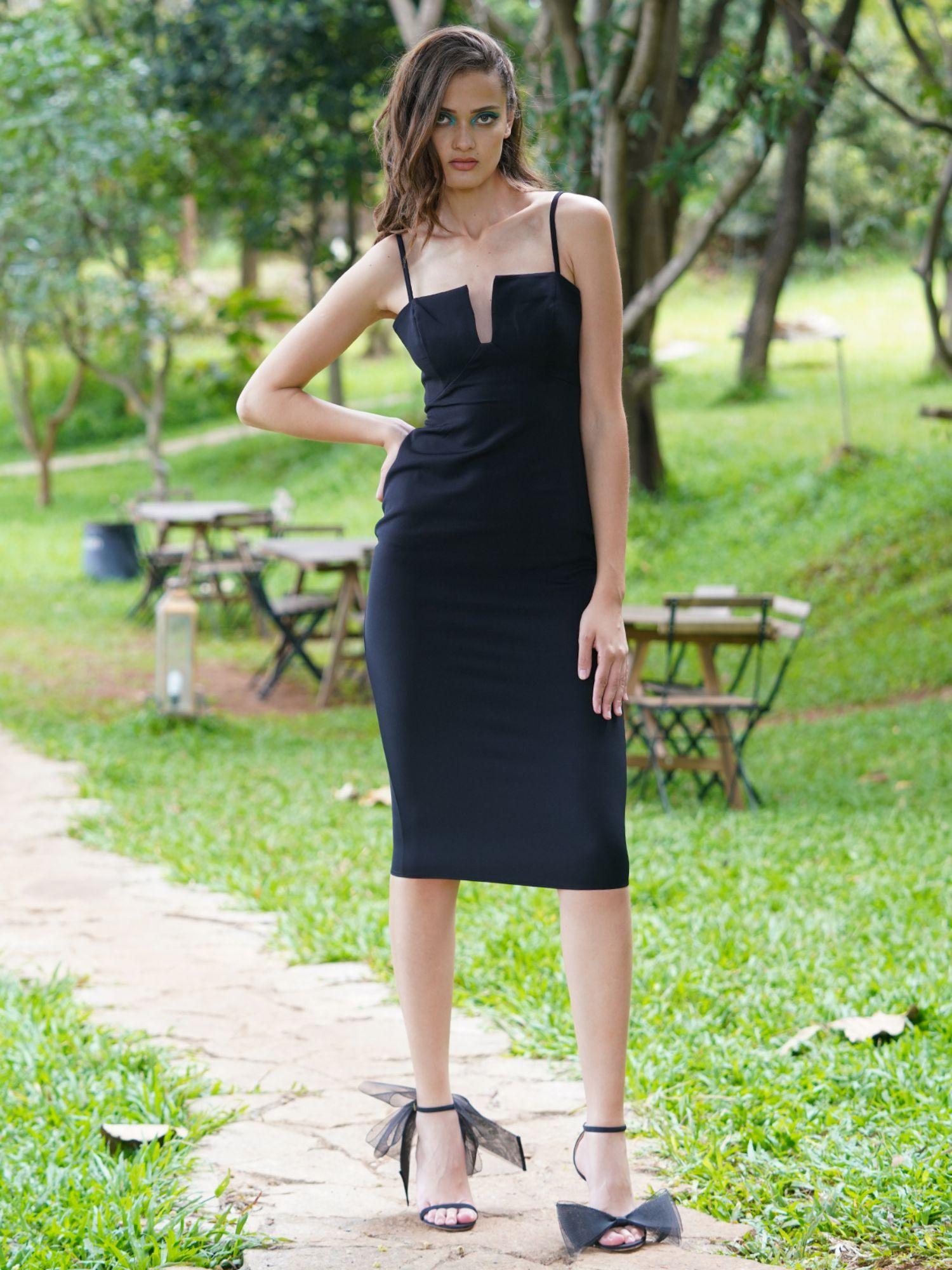 black polyester solid dress