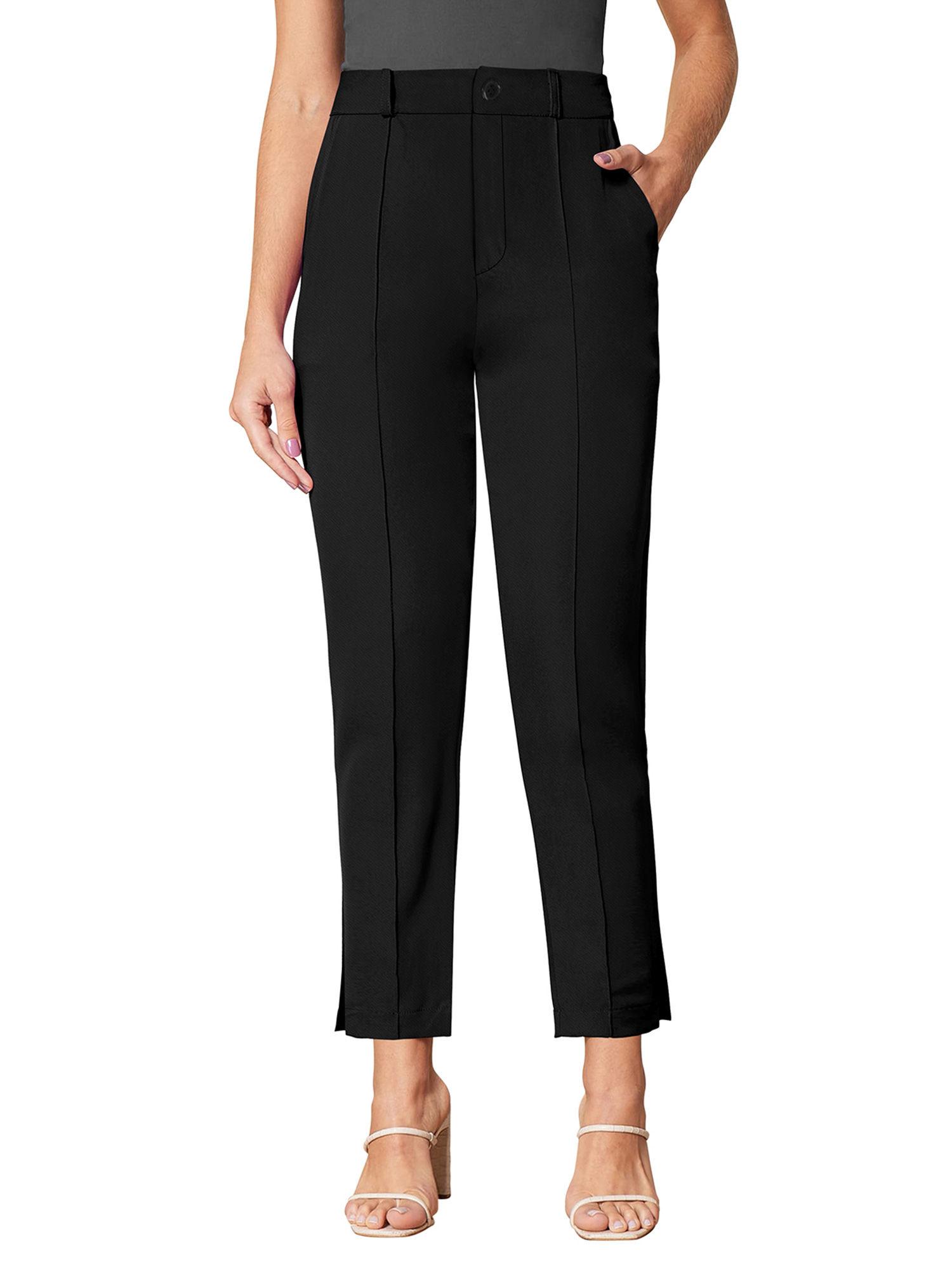 black polyester solid trouser for women