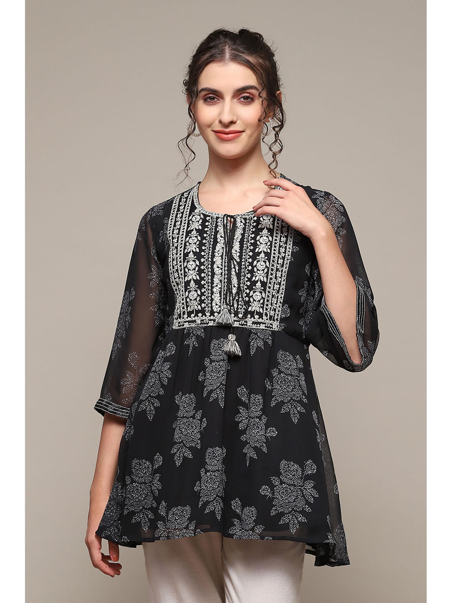 black polyester straight embroidered top