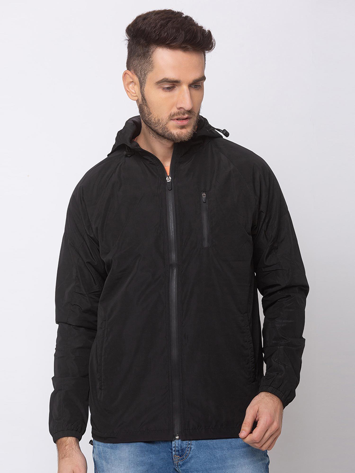 black polyester straight fit jackets for men
