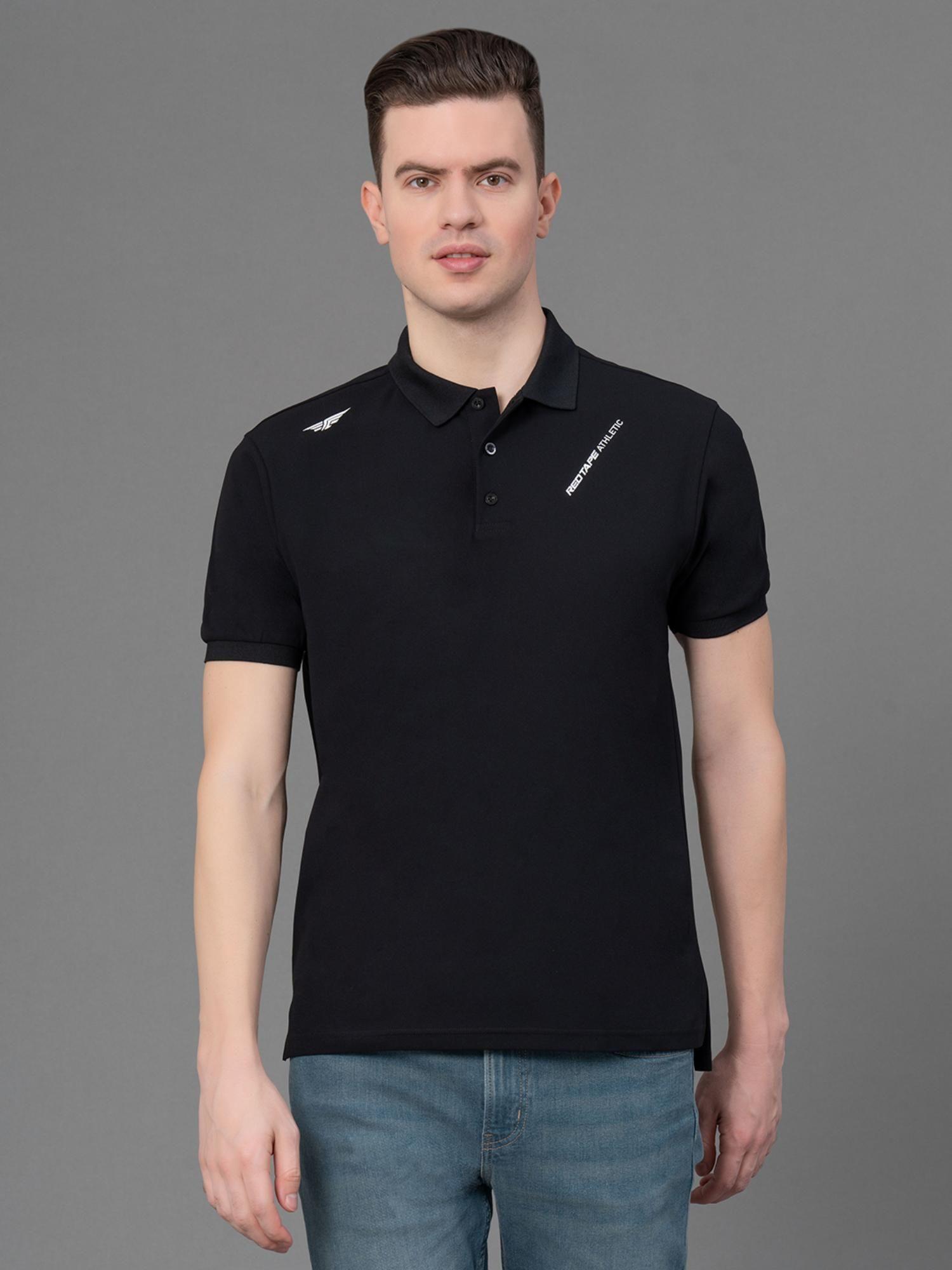 black polyester stretch printed mens activewear polo t-shirt