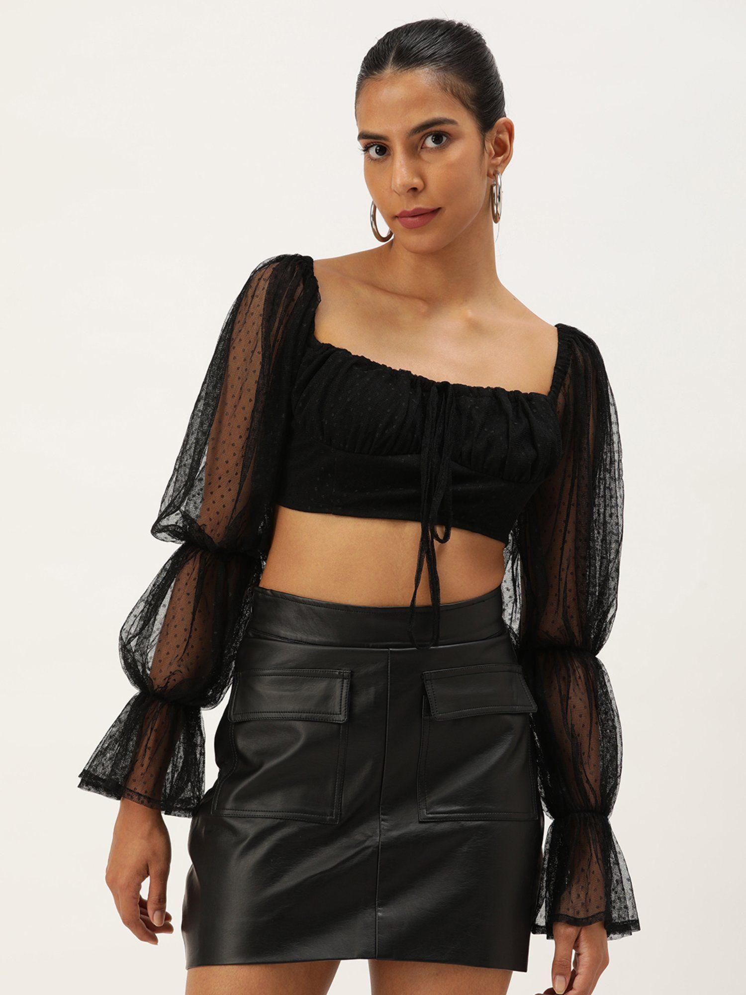 black polynet square neck crop top