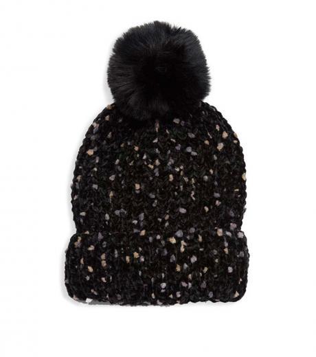 black popcorn knit fur beanie hat
