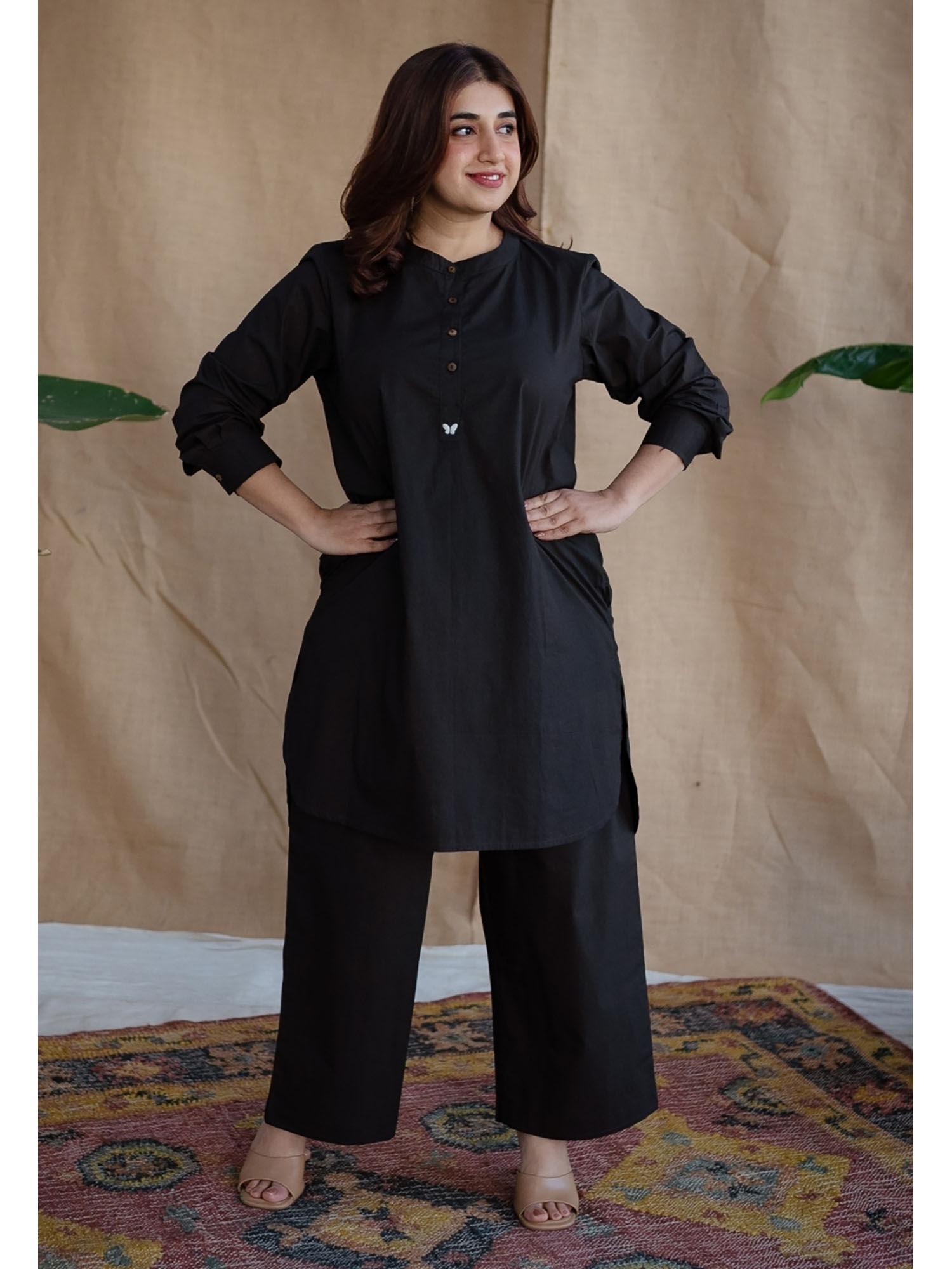 black poplin cotton solid kurta