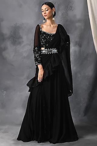 black pre-draped lehenga saree set