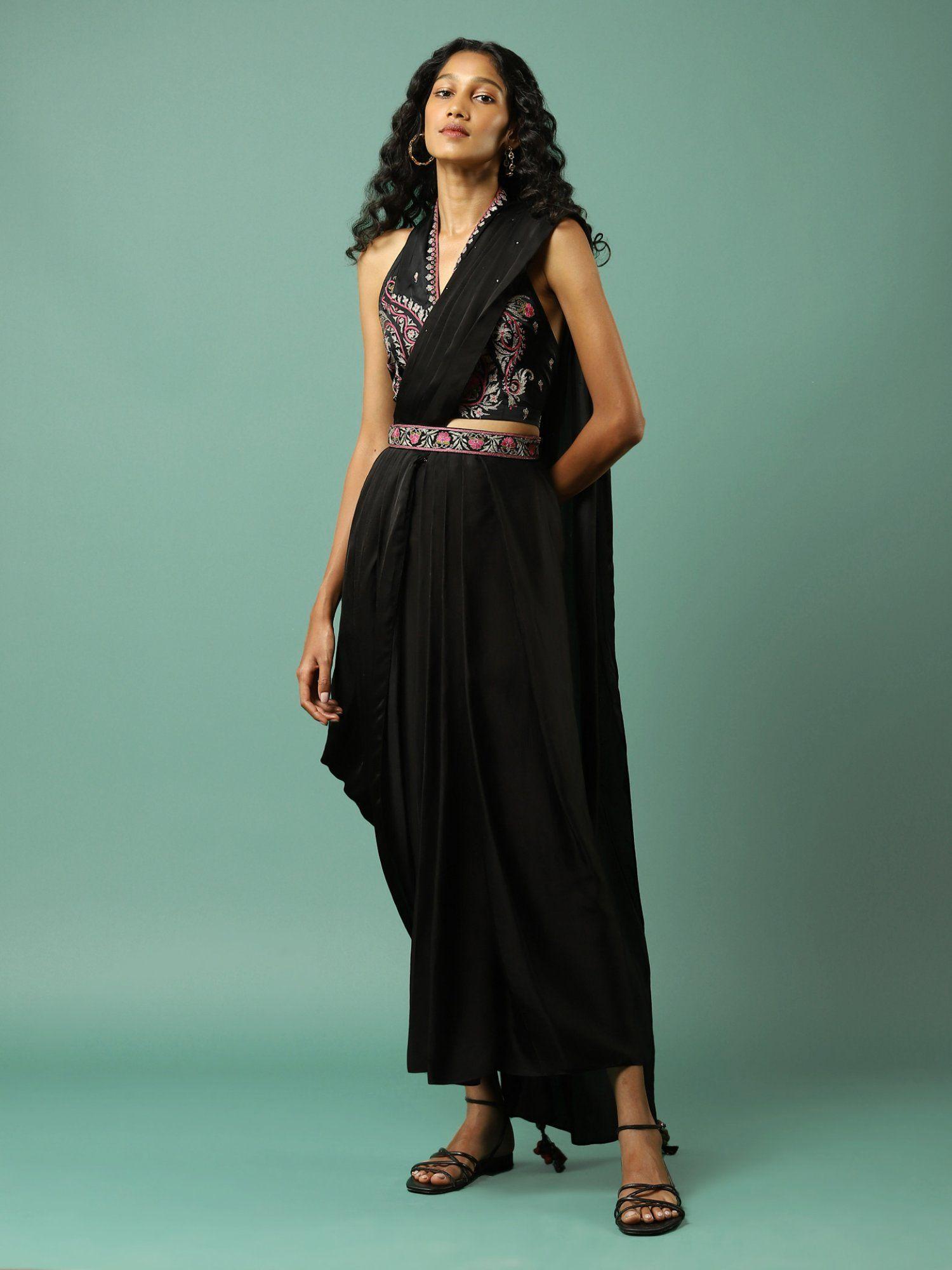 black pre-draped saree with embroidered stitched blouse (set of 2)