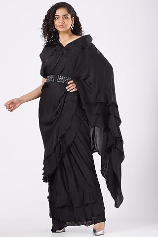 black pre-stitched frilled saree set with belt