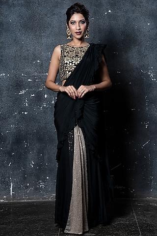 black pre-stitched organza saree set