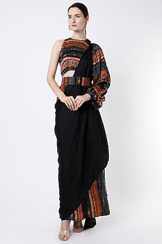 black pre-stitched saree set