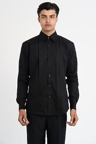 black premium giza cotton satin box pleated shirt
