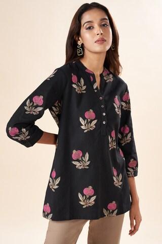 black print casual 3/4th sleeves mandarin women regular fit  tunic