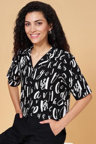 black print casual half sleeves resort collar women regular fit  shirt