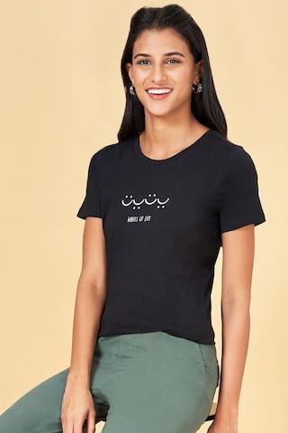 black print casual half sleeves round neck women regular fit  t-shirt