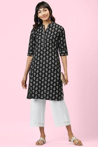 black print casual mandarin 3/4th sleeves calf-length women regular fit kurta