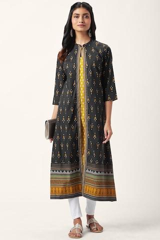 black print casual mandarin 3/4th sleeves calf-length women regular fit kurta