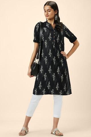 black print casual mandarin 3/4th sleeves knee length women regular fit kurta