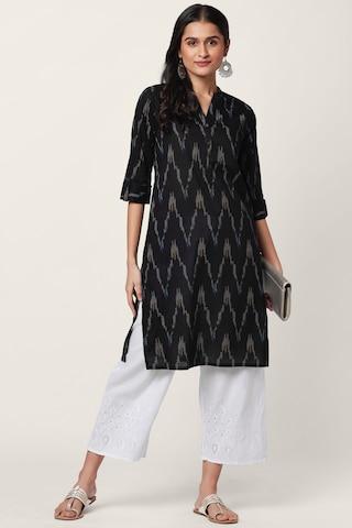 black print casual mandarin 3/4th sleeves knee length women regular fit kurta