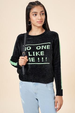 black print cotton polyester round neck girls regular fit sweaters
