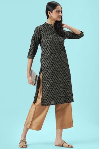 black print ethnic mandarin 3/4th sleeves knee length women regular fit kurta