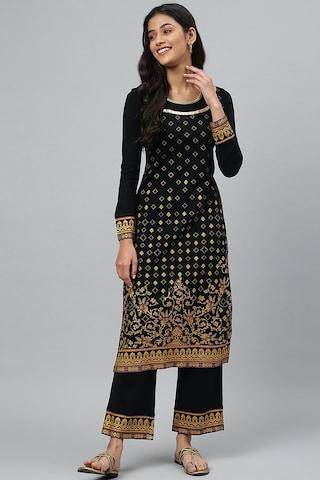 black print ethnic round neck full sleeves ankle-length women straight fit kurta set