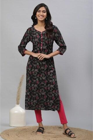 black print knee length casual women regular fit kurta