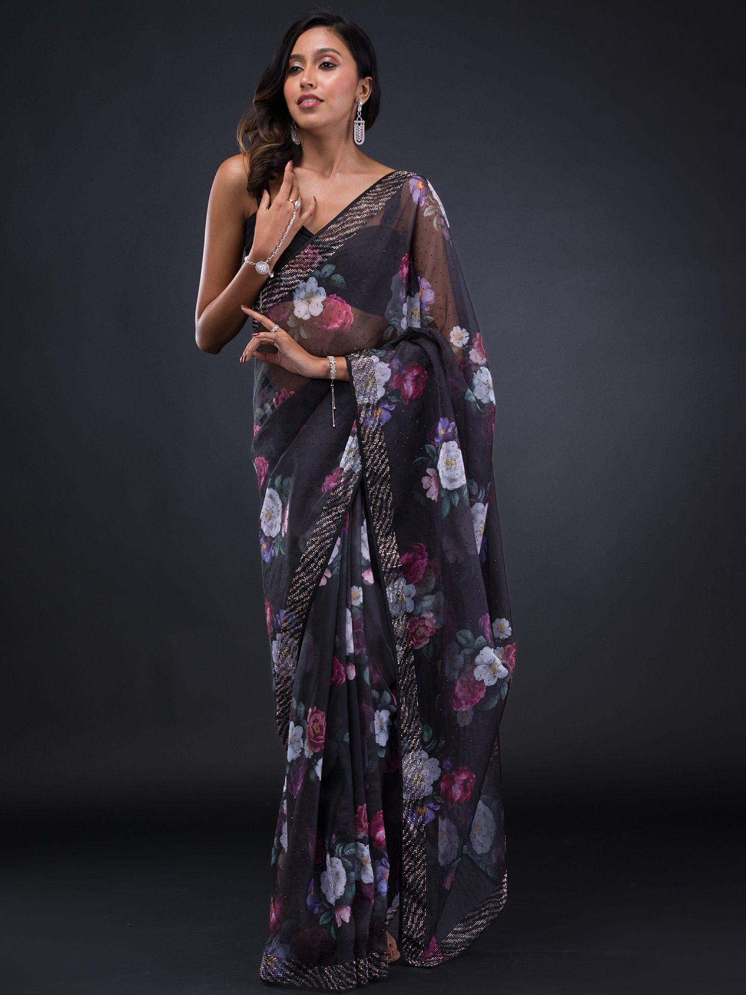 black print tissue saree with unstitched blouse